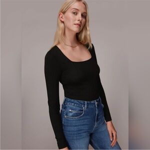 Whistles Square Neck Long Sleeve Top Size Small Black viscose minimalist neutral